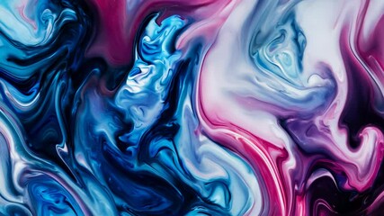 Colorful paint mixing background. Contemporary creative motion graphics intro template. Acrylic/oil/gouache/watercolor paint swirls of blue, pink, purple, white colors. Liquid pigment mix pattern.