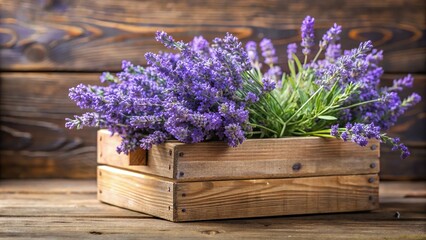 Fototapeta premium Lavender sprigs with delicate flowers and foliage dripping from a wooden container, foliage, greenery