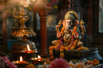 Fototapeta premium Beautiful greeting card with bright holiday composition for happy celebrate Ganesh Chaturthi
