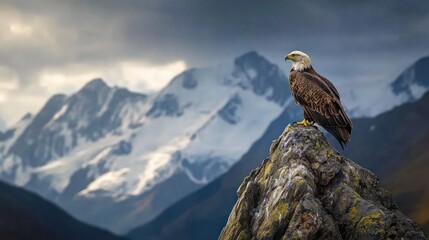 Fototapeta premium Majestic Bald Eagle Perched on Mountain Peak
