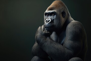 A contemplative gorilla with folded hands, symbolizing deep thought or consideration.