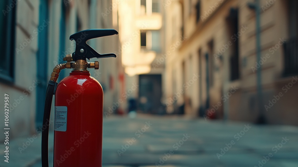 Poster a fire extinguisher stands prominently in focus while a building fades into the background on a clea