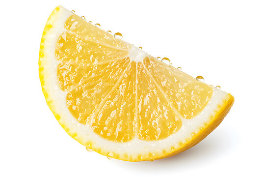 A slice of  juicy lemon with droplets, isolated on white background