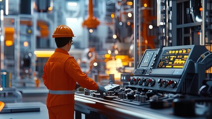 Fototapeta premium Dynamic Factory Scene: Worker in Orange Attire Operating Machinery - Perfect for Industrial-Themed Sports Interiors and Inspirational Posters!