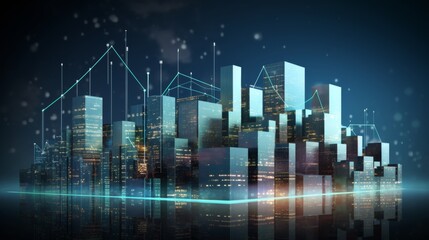 Obraz premium Abstract representation of real estate market analysis with buildings and financial graphs on blue