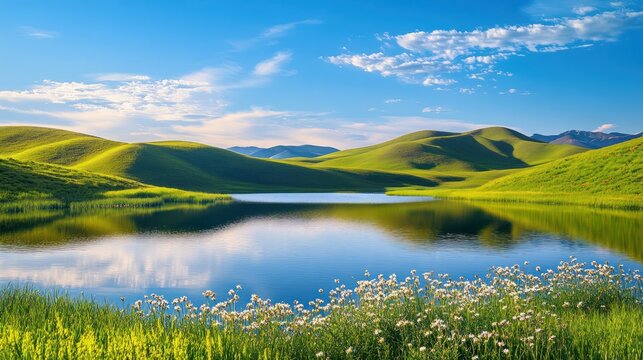 A serene lake nestled amidst rolling green hills, reflecting a clear blue sky with fluffy clouds. The foreground features a field of white wildflowers.