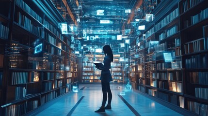 A woman stands in a library surrounded by glowing digital data, representing the concept of information access and knowledge.