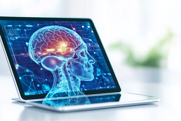 A digital tablet shows a detailed brain scan, highlighting technology's role in modern healthcare