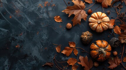 Autumn-themed decor with leaves and pumpkin on dark background. Top view with space for text.
