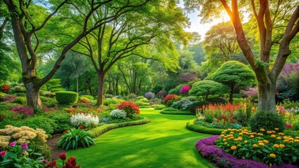 Obraz premium Lush green garden with vibrant flowers and towering trees standing tall in the sunlight, landscape, floral, nature