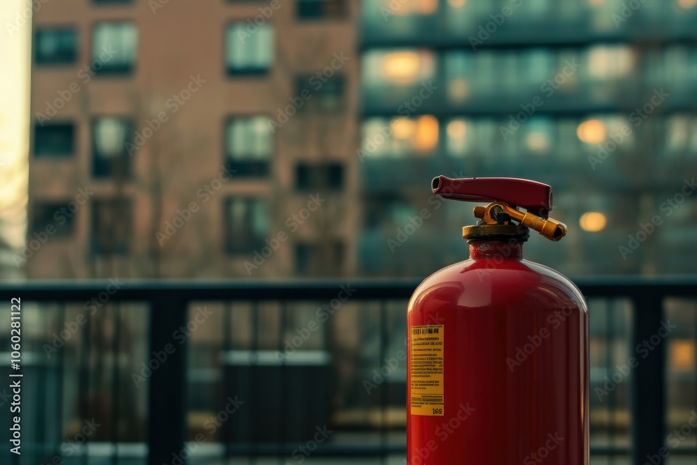 Aufkleber A bright red fire extinguisher stands out in the foreground, while a building is softly blurred in the background under evening light. Generative AI