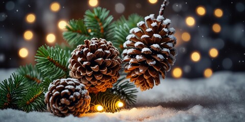 Pine cones and evergreen branches, dusted with snow and set against a backdrop of warm, glowing lights, evoke a festive and wintry atmosphere. AI generated.