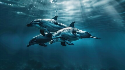 Obraz premium Three Dolphins Swimming in the Ocean