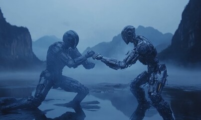 Fototapeta premium Two robots clash in a misty landscape.