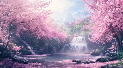 A serene landscape with a cascading waterfall surrounded by blooming cherry blossom trees and a snow-capped mountain in the background.