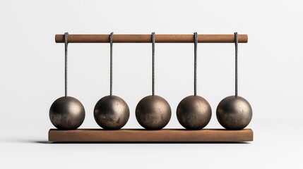 Newton's cradle with five metal spheres suspended on a wooden frame demonstrating laws of motion and energy transfer