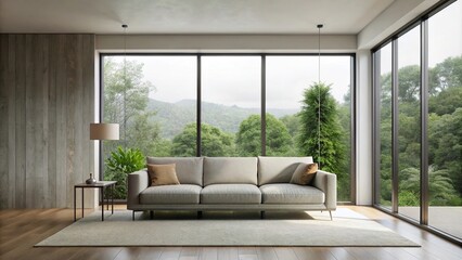 Fototapeta premium Minimalist interior with a large window and a sleek, low-profile sofa, decor, interior, calm, minimalist