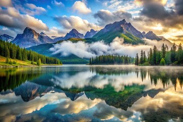 Obraz premium Mountain peaks with misty clouds and a serene lake in the background, majestic view, landscape, scenic views