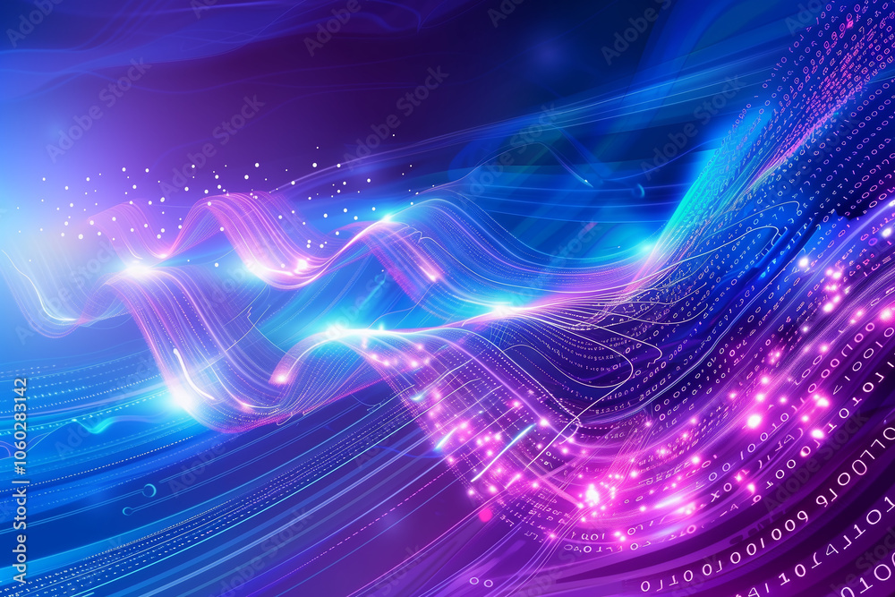 Poster dynamic tech background with cascading computer code and digital light trails, illuminated by electr