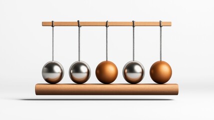 Newton's cradle with alternating silver and copper spheres suspended from a wooden frame on a white background