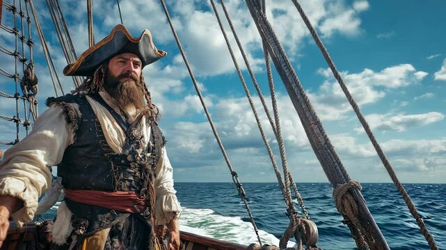 Pirate captain travels by sea on his ship