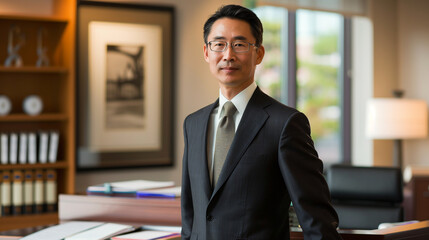 Fototapeta premium A professional Asian male lawyer in a suit, exuding confidence while standing in a well-lit office. Ideal for legal industry and corporate concepts.
