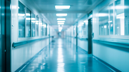 Fototapeta premium An abstract, defocused, and blurred technology space background, resembling an empty business corridor or shopping mall. It can also represent a defocused medical or hospital 