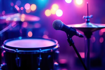 Obraz premium Vibrant Stage Microphone and Drums Before Performance