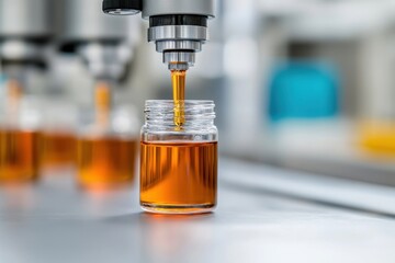 Precision filling process in manufacturing automated mechanism distributing amber liquid into glass jar for quality control and consistency
