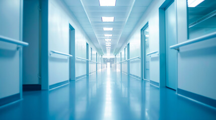 Obraz premium An abstract, defocused, and blurred technology space background, resembling an empty business corridor or shopping mall. It can also represent a defocused medical or hospital 