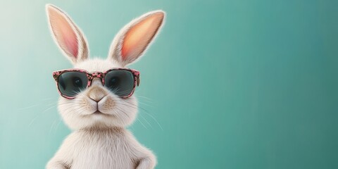 Fun and Quirky Easter Bunny Close-Up with Shades on a Serene Blue Backdrop