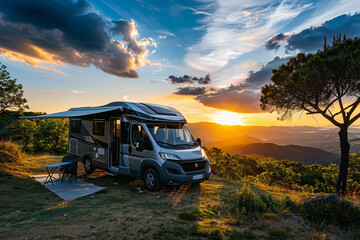 Obraz premium Holiday trip on large family motorhome for holiday in beautiful nature