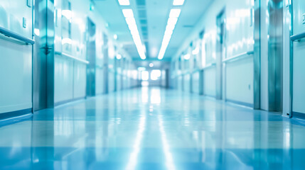 An abstract, defocused, and blurred technology space background, resembling an empty business corridor or shopping mall. It can also represent a defocused medical or hospital 