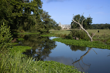 River Wey navigation winds its way past Newark Augustinian Priory near the village of Ripley and close to Woking, Surrey