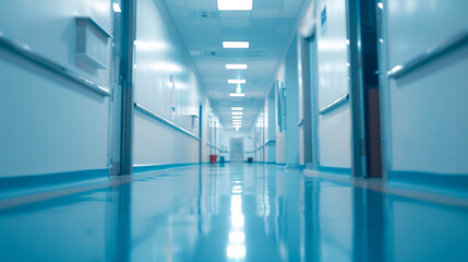 Fototapeta premium An abstract, defocused, and blurred technology space background, resembling an empty business corridor or shopping mall. It can also represent a defocused medical or hospital 