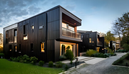 Modern modular private black townhouses. Residential architecture exterior