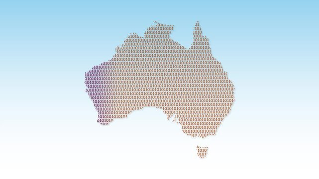 Australia map using binary codes on white background to mean advancement of digital and technology