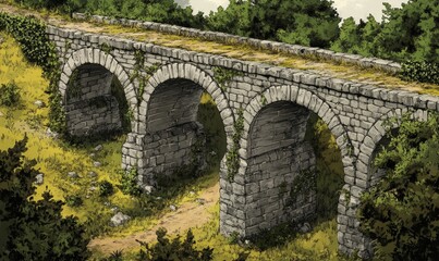 Fototapeta premium Stone bridge with three arches in lush greenery.