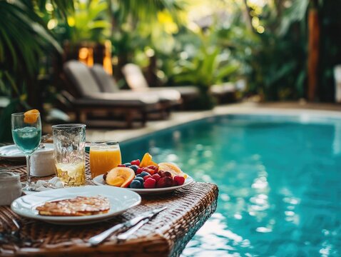A refreshing breakfast cocktail party overlooking a pool. Enjoy an outdoor evening with drinks and fruits.