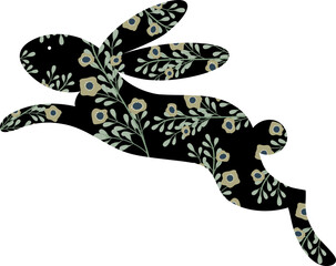 Rabbit isolated on background for Happy Easter, Black Bunny Silhouette Paper cut with Green Spring Flowers pattern,Animal Hare Rabbit Jumping