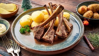 Pinnekj&oslash;tt  lamb ribs, traditionally salted and dried. Particularly popular at Christmas, served with potatoes and kohlrabi puree.