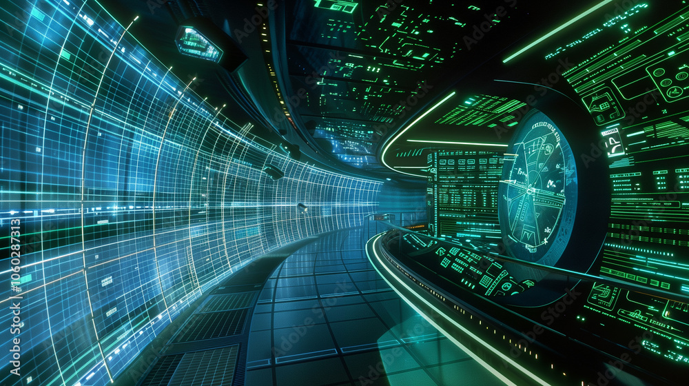 Poster futuristic blue and green virtual data display, showcasing floating lines of code and neon holograph