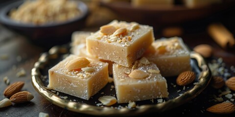 Fancy nut-covered candies stacked on a decorative plate, glistening with sugar glaze. High end dessert concept.