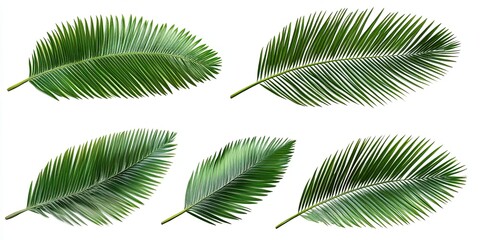 Fototapeta premium Isolated palm leaves, a tropical design element, appear vibrant and lush. Green foliage offers natural beauty. Exotic botanical fronds enhance decorative displays. Perfect for nature lovers embracing