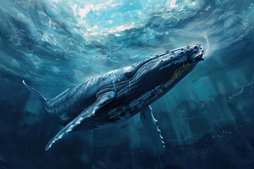 Fototapeta premium Fantastically beautiful majestic huge whale in ocean