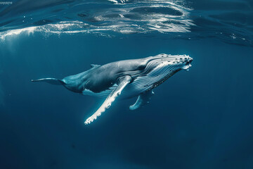 Naklejka premium Fantastically beautiful majestic huge whale in ocean