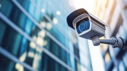 The exterior of a contemporary office building features multiple surveillance cameras ensuring security and monitoring activity throughout the day. Generative AI
