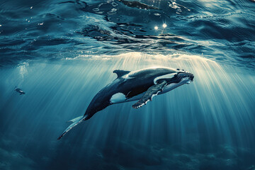 Naklejka premium Fantastically beautiful majestic huge whale in ocean