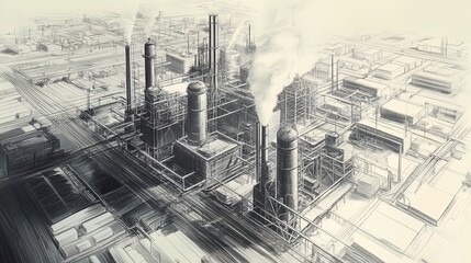 Fototapeta premium Industrial Power: Detailed Line Art of a Massive Urban Factory with Silos and Smokestacks - Perfect for Sports Interior Posters and Urban Art Enthusiasts