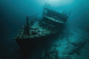 Fototapeta premium Underwater view of an sunken ship on seabed with fish swimming around